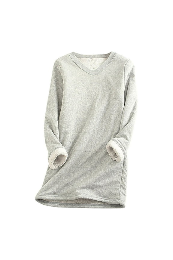 Warm Sherpa Lined Pullover Sweatshirt for Women Crewneck Solid Color Long Sleeve Fleece Blouse Winter Thick Velvet Loungewear Tops(Gray,L)