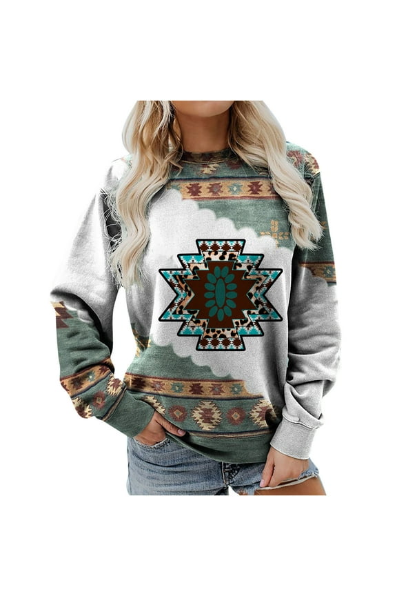 Western Ethnic Shirts for Women Vintage Long Sleeve Aztec Print Pullover Tops Lightweight Crewneck Sweatshirts (Multicolor#10,L)