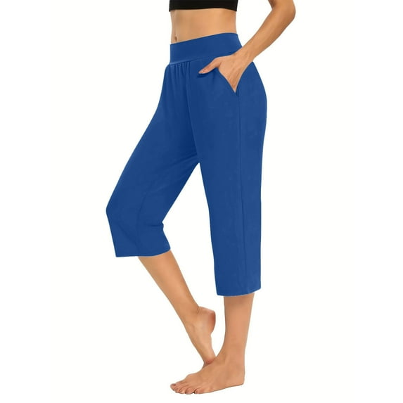 ZQGJB Wide Leg Capri Yoga Pants for Women Solid Stretchy Elastic High Waisted Petite Cropped Sweatpants Loose Fit Casual Lounge Trousers with Pockets Navy Blue L