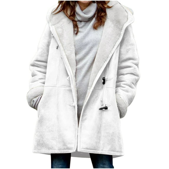 ZQGJB Winter Coats for Women Plus Size Fleece Lined Cardigan Solid Color Plush Thick Warm Horn Buttons Jacket Trendy Sherpa Wool Hooded Parka Peacoat Outerwear Tops with Pocket B-White XL