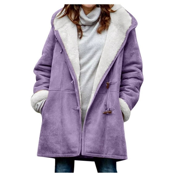 ZQGJB Winter Coats for Women Plus Size Fleece Lined Cardigan Solid Color Plush Thick Warm Horn Buttons Jacket Trendy Sherpa Wool Hooded Parka Peacoat Outerwear Tops with Pocket A-Purple M