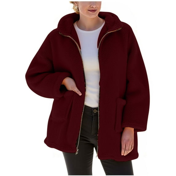 ZQGJB Winter Fuzzy Warm Coat for Women Casual Full Zip up Long Sleeve Open Front Cardigan Outwear Jacket Loose Oversized Comfy Sherpa Fleece Pullover Sweatshirts with Pockets Wine M