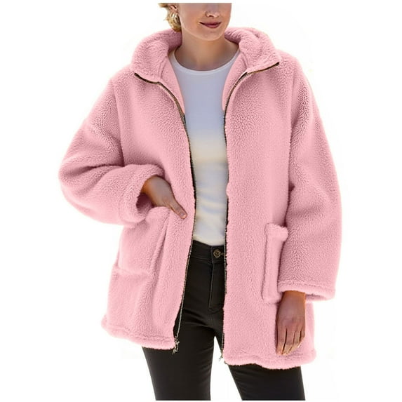 ZQGJB Winter Fuzzy Warm Coat for Women Casual Full Zip up Long Sleeve Open Front Cardigan Outwear Jacket Loose Oversized Comfy Sherpa Fleece Pullover Sweatshirts with Pockets Pink XXL