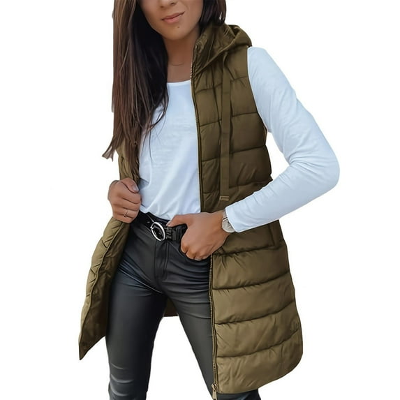 ZQGJB Winter Long Puffer Vests for Women Lightweight Casual Full Zip up Sleeveless Quilted Hooded Outwear Padded Puffy Jackets Button Side Slit Thick Warm Outfit Clothes 2025 with Pockets Coffee L