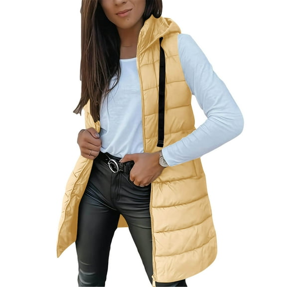ZQGJB Winter Long Puffer Vests for Women Lightweight Casual Full Zip up Sleeveless Quilted Hooded Outwear Padded Puffy Jackets Button Side Slit Thick Warm Outfit Clothes 2025 with Pockets Yellow S