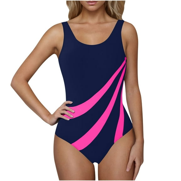 ZQGJB Women Athletic One Piece Swimsuit Color Block Printed Racerback Sport Scoop Neck Swimming Suits Swimwear Training Slimming Bathing Suit(Navy,XXL)