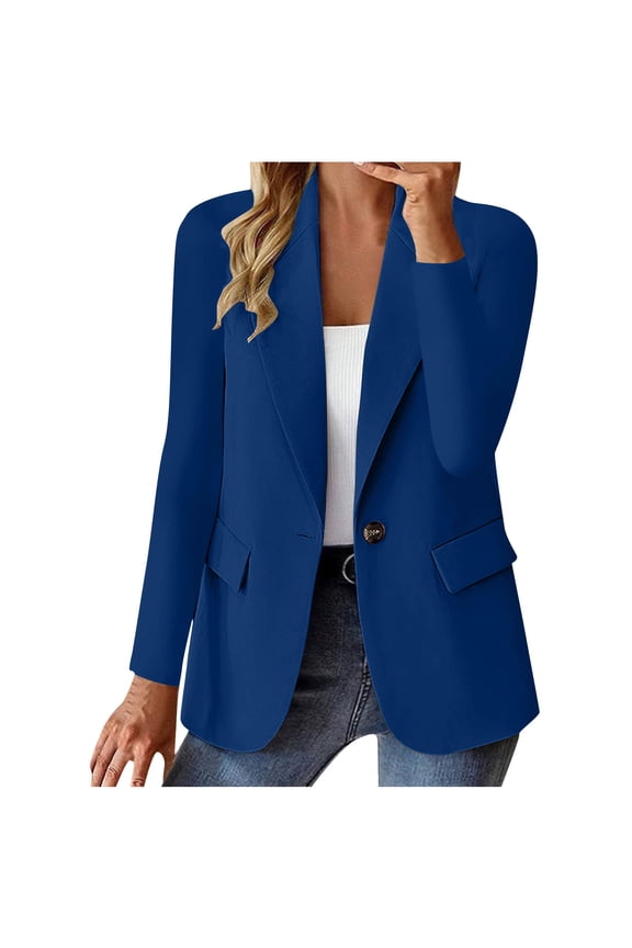 Women Business Casual Long Sleeve Blazer with Lined Trendy Solid Color One Button Professional Work Suit Jacket with Pockets Blue L