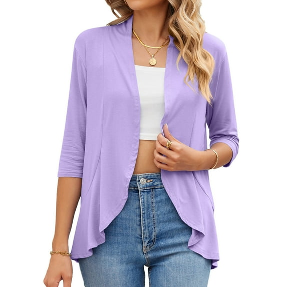 ZQGJB Women Cardigan Fall 3/4 Sleeves Open Front Lightweight Solid Color Kimono Cardigan Draped Ruffles Knit Cardigan Cover Ups Purple S