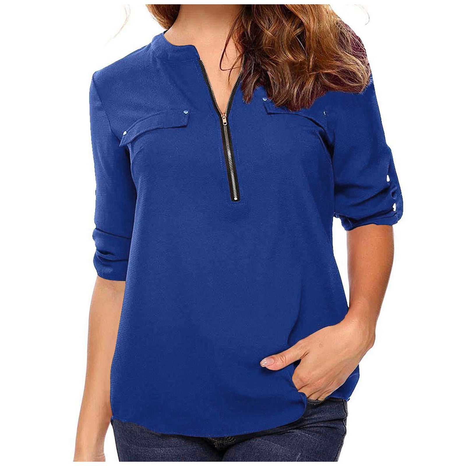ZQGJB Women Casual Summer Tops Button Rolled-up Long Sleeve Zipper V Neck T  Shirts Plus Size Chiffon Elegant Blouse Loose Tunic Top with Pockets Blue