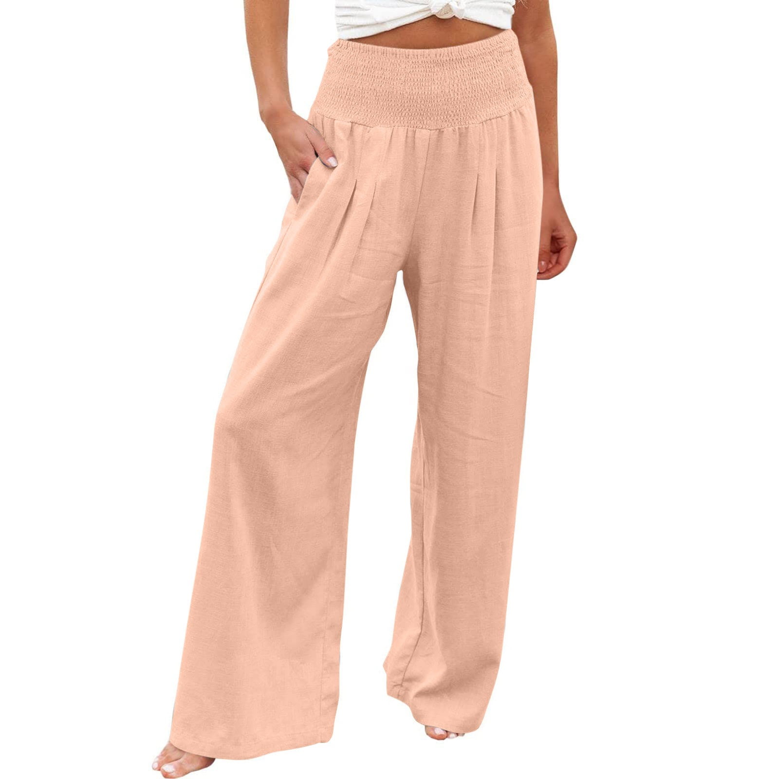 ZQGJB Women Cotton Linen Pants Plus Size Ruched Elastic High Waisted Wide  Leg Palazzo Lounge Pants Loose Beach Trousers with Pockets Pink M 