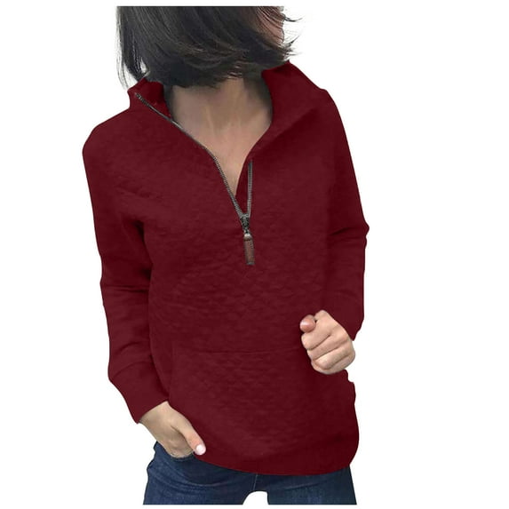 ZQGJB Women Fashion Quilted Pattern Lightweight Zipper Coat Long Sleeve Plain Casual Ladies Pullover Sweatshirts Solid Pullovers Shirts Tops Red S
