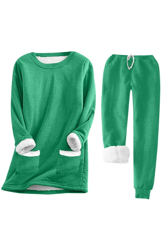 Women Fleece Sweatsuit 2 Piece Outfit Winter Plush Thick Warm Sherpa Lined Tracksuit Solid Long Sleeve Crewneck Sweatshirts and Sweatpants Set Green XXL
