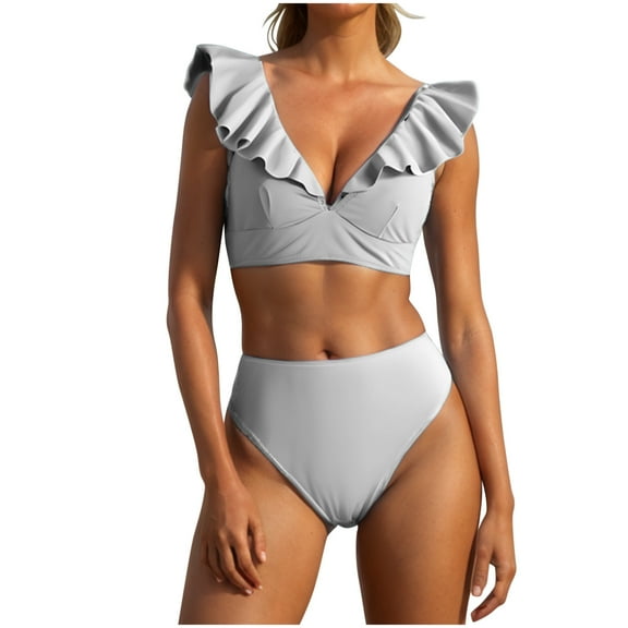 ZQGJB Women High Waisted Bikini Sets Tummy Control Swimsuits Ruffle Sleeve Two Piece Bathing Suit Sexy V Neck Swimwear(White,XL)