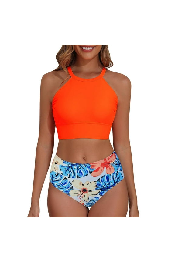Women High Waisted Bikini Two Piece Swimsuits Retro Floral Printed Halter Neck Crop Top Racerback Sporty Bathing Suits for Teen Girls(Orange,XL)