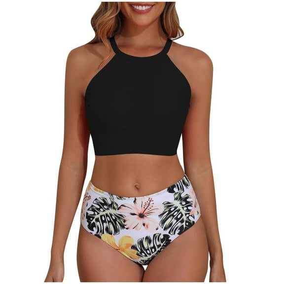 ZQGJB Women High Waisted Bikini Two Piece Swimsuits Retro Floral Printed Halter Neck Crop Top Racerback Sporty Bathing Suits for Teen Girls(Black,S)