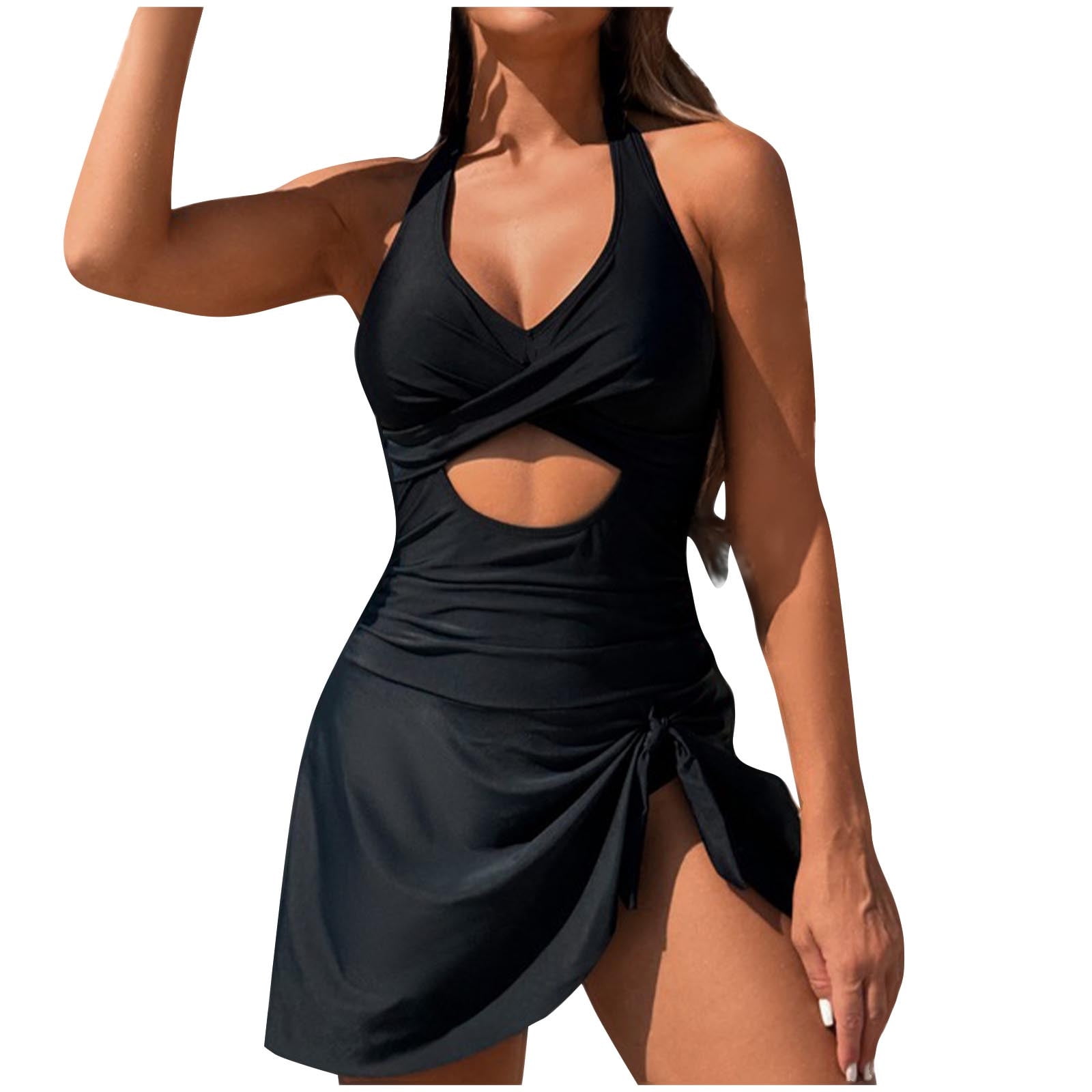 ZQGJB Women One Piece Swimdress Tummy Control Bathing Suit Push Up Swimsuit Modest Swimwear Cutout V Neck Cute Twist Tie Knot Skirt(Black,L)