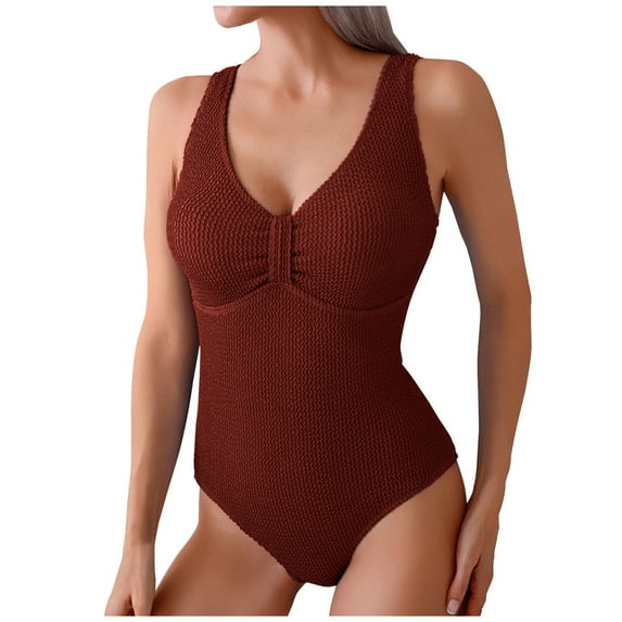 ZQGJB Women One Piece Swimsuit Solid Ribbed Monokini Swimwear Sexy Front Ruched Tie V Neck Low Back Tummy Control Bathing Suit(Wine,XL)