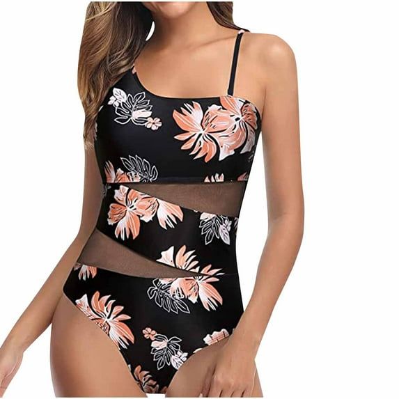 ZQGJB Women One Shoulder One Piece Swimsuits Full Coverage Cutout Mesh Patchwork See Through Sexy Bathing Suits Tummy Control Swimwear(Multicolor,S)