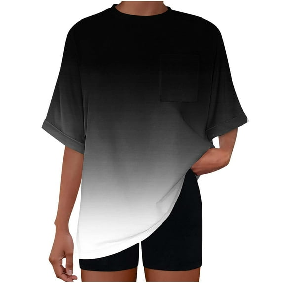 ZQGJB Women Oversized Ombre T Shirts Loose Casual Tie Dye Gradient Color Print Summer Short Sleeve Crewneck Tunic Tops Basic Workout Tees with Pocket Dark Blue S