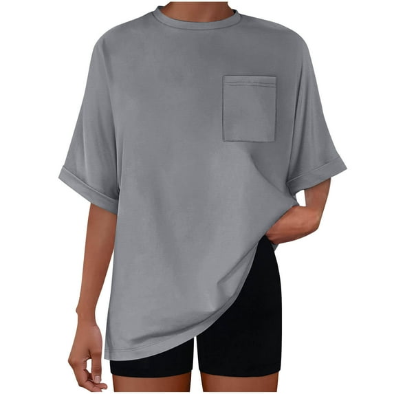 ZQGJB Women Oversized T Shirts Short Sleeve Summer Casual Loose Plain Tshirt Top Basic Crewneck Workout Tees Shirt with Pocket Gray XXL