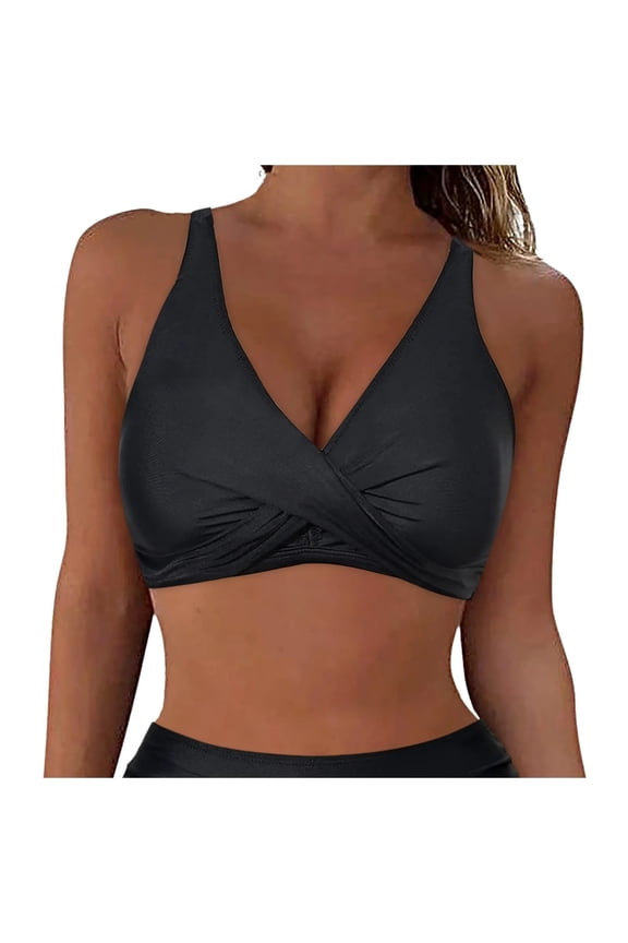 Women Plus Size Bikini Top Only Large Bust Swim Top Full Coverage V Neck Swimsuit Top Sport Bra Bathing Suit Top No Bottom(Black,XXL)