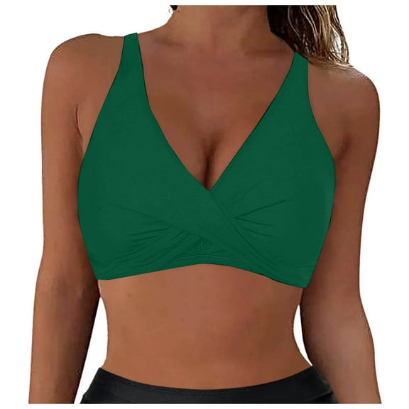 ZQGJB Women Plus Size Bikini Top Only Large Bust Swim Top Full Coverage V Neck Swimsuit Top Sport Bra Bathing Suit Top No Bottom(Dark Green,XL)