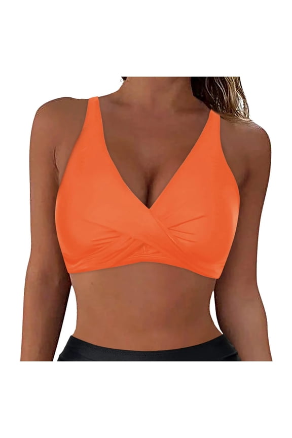 Women Plus Size Bikini Top Only Large Bust Swim Top Full Coverage V Neck Swimsuit Top Sport Bra Bathing Suit Top No Bottom(Orange,XXL)