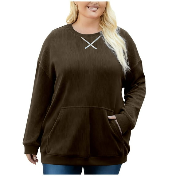 ZQGJB Women Plus Size Corduroy Sweatshirt Oversized Long Sleeve Basic Solid Color Crewneck Pullover Sweater with Kangaroo Pocket Fall Winter Warm Outfit Clothes Brown XXXL