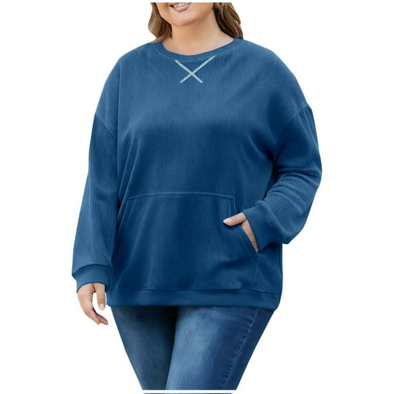 ZQGJB Women Plus Size Corduroy Sweatshirt Oversized Long Sleeve Basic Solid Color Crewneck Pullover Sweater with Kangaroo Pocket Fall Winter Warm Outfit Clothes Blue XL