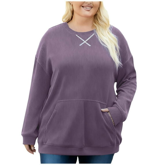 ZQGJB Women Plus Size Corduroy Sweatshirt Oversized Long Sleeve Basic Solid Color Crewneck Pullover Sweater with Kangaroo Pocket Fall Winter Warm Outfit Clothes Purple XXXL