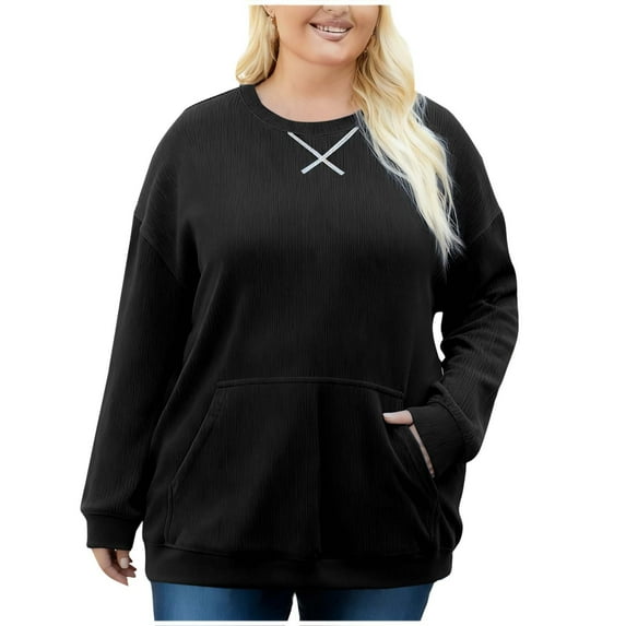 ZQGJB Women Plus Size Corduroy Sweatshirt Oversized Long Sleeve Basic Solid Color Crewneck Pullover Sweater with Kangaroo Pocket Fall Winter Warm Outfit Clothes Black XXXXL