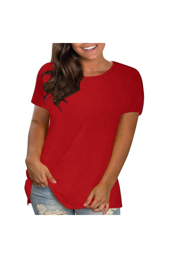 Women Plus Size Tops Casual Dressy Summer Short Sleeve Round Neck Basic Plain Tees Shirt Loose Fit Oversized Baggy T-Shirts Trendy Cozy Tunic Blouse Red M
