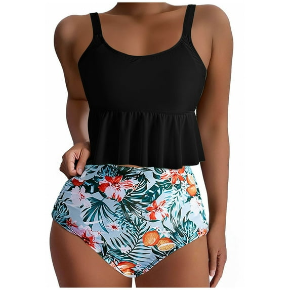 ZQGJB Women Ruffled Two Piece High Waisted Bikini Swimsuit Raceback Bathing Suits Tummy Control Tankini Ruched Swimwear(Black#04,S)