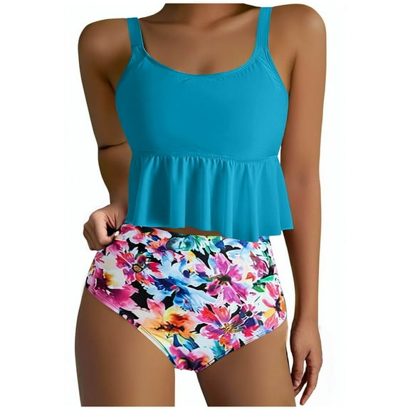 ZQGJB Women Ruffled Two Piece High Waisted Bikini Swimsuit Raceback Bathing Suits Tummy Control Tankini Ruched Swimwear(Blue#01,M)