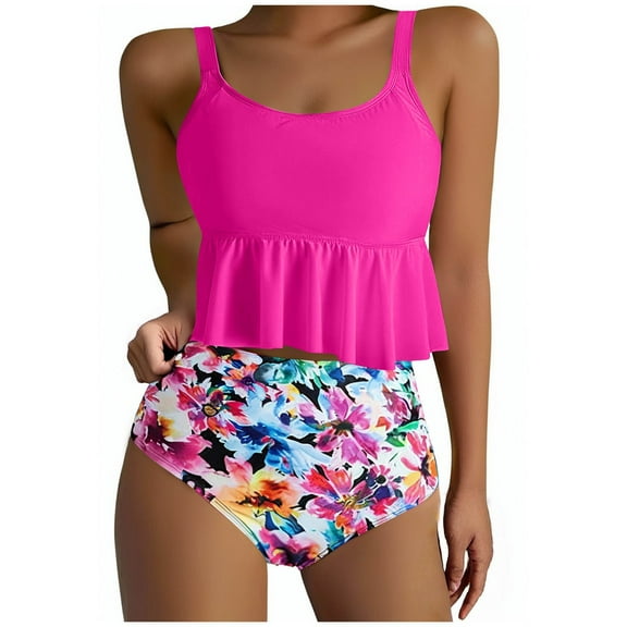 ZQGJB Women Ruffled Two Piece High Waisted Bikini Swimsuit Raceback Bathing Suits Tummy Control Tankini Ruched Swimwear(Hot Pink#02,L)
