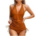 thumbnail image 1 of ZQGJB Women Sexy V Neck One Piece Tankini Swimsuit Halter Backless Drawstring Ruched Tummy Control Bathing Suit with Boyshorts(Orange,M), 1 of 5