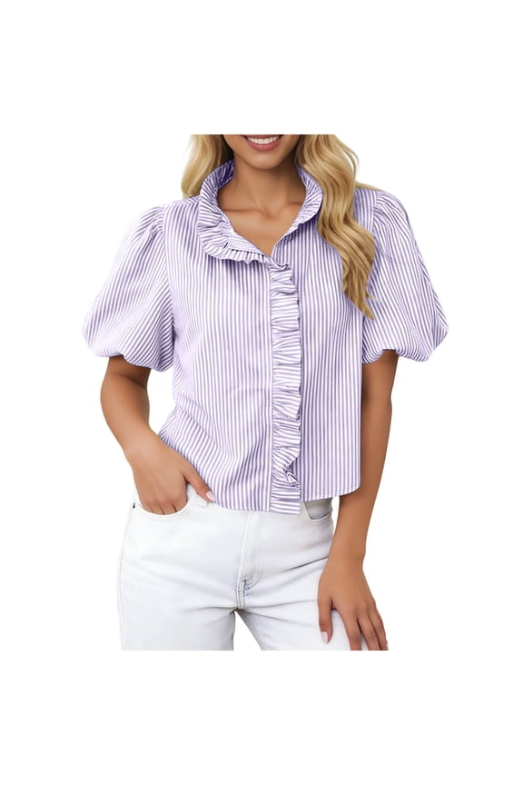 Women Striped Blouses Spring Summer Ruffle Collar Puff Sleeve Button Down Shirts Business Casual Tunic Tops Purple XL