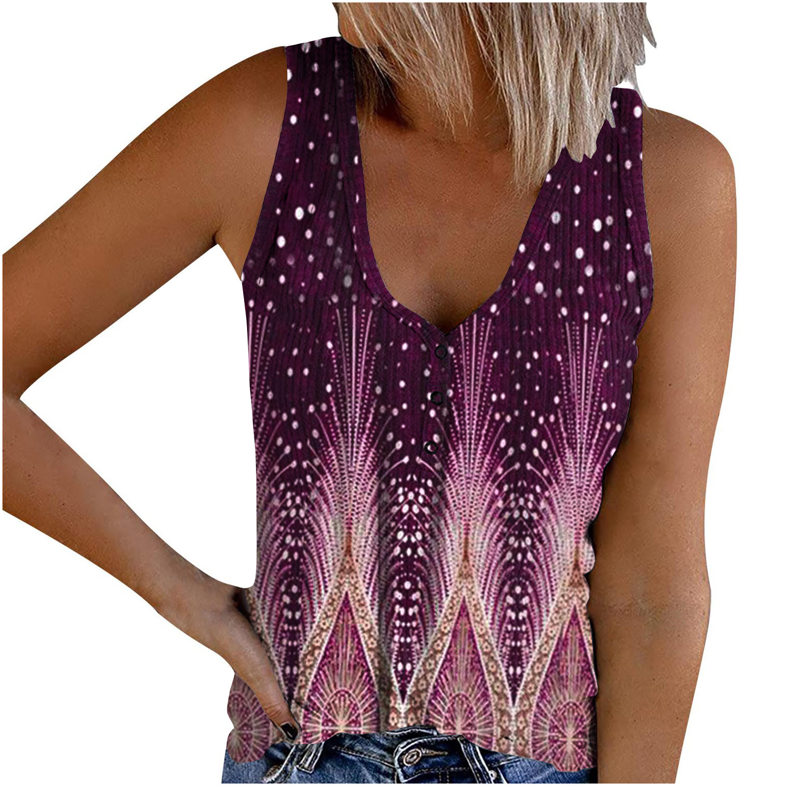 Kissfix Women's Ribbed Tank Top - Sleeveless Henley Button Down Cami Blouse