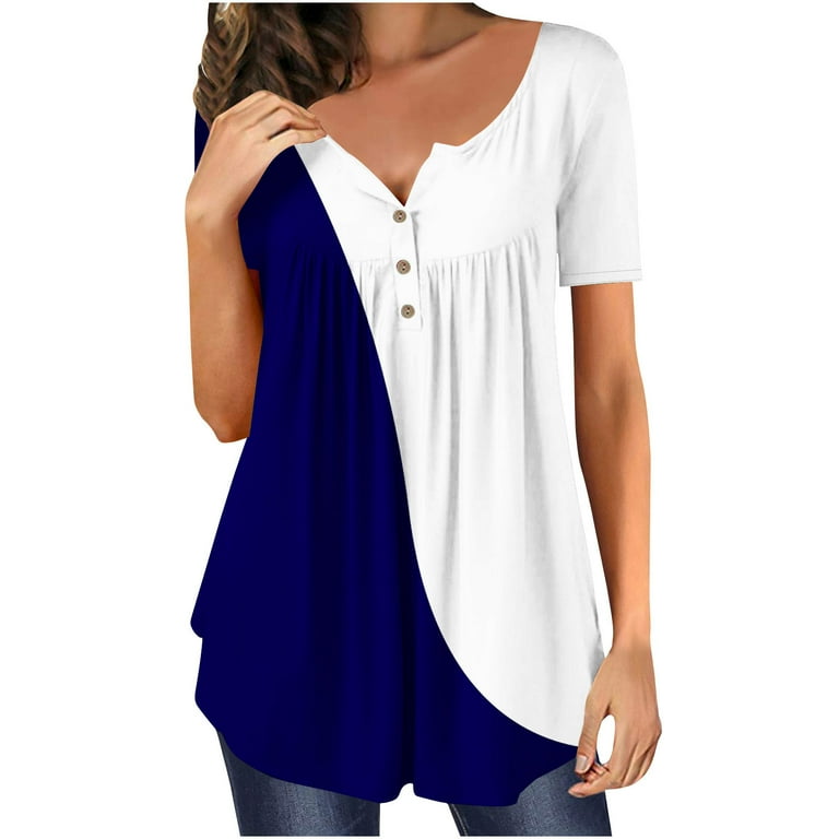ZQGJB Women Tops to Hide Belly Tunics Casual Color Block Printed Short Sleeve Button Neckline T Shirts Trendy Flowy Comfy Blouse for Leggings Dark