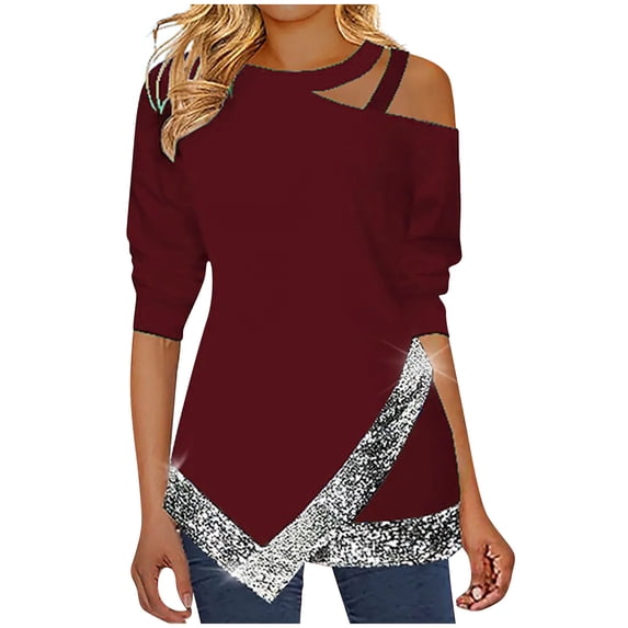 ZQGJB Women Tops Plus Size Casual T Shirts Long Sleeve Strappy Cold Shoulder Tunics Sparkling Patchwork Irregular Hem Blouse Wine XXXXXL