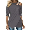 thumbnail image 1 of ZQGJB Women Tops Plus Size Casual T Shirts Long Sleeve Strappy Cold Shoulder Tunics Sparkling Patchwork Irregular Hem Blouse Z#01-Gray L, 1 of 6