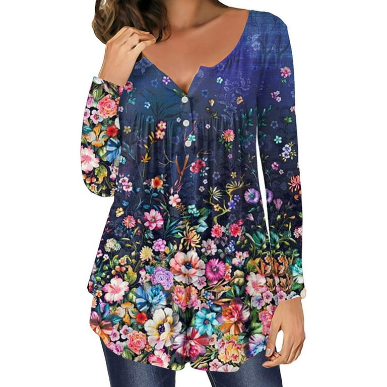 ZQGJB Women Tunic Tops Casual Dressy 2023 Spring Fashion Long Sleeve T  Shirt Trendy Cute Floral Printed Tees Henley Going Out Blouses for Leggings  Navy L 