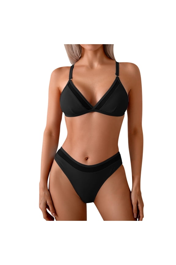 Women Two Piece Bikini High Cut Swimsuit Mesh Patchwork Push up Padded Triangle Bathing Suit Cheeky Bikini Set(Black,M)