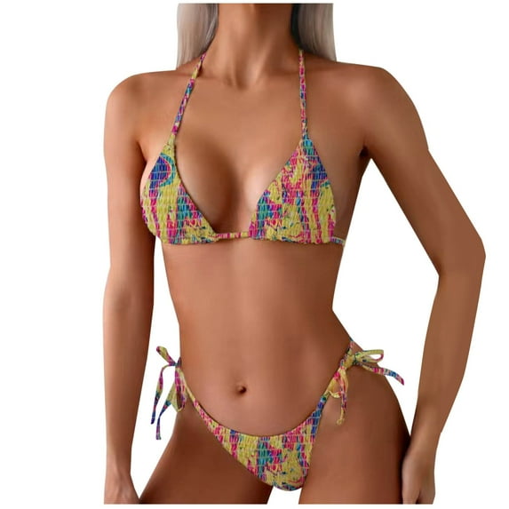 ZQGJB Women Two Piece String Bikini Set Cute Summer Floral Print Halter Side Tie Triangle Thong Swimsuits Bathing Suit(Gold,L)