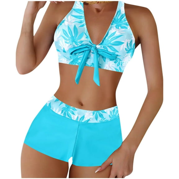 ZQGJB Women Two Piece Swimsuit Plus Size Bathing Suits Floral Tropical High Waisted Beachwear Tummy Control Board Shorts Halter Tops(Blue,M)