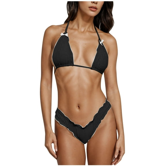 ZQGJB Women Y2k Bikinis Sets Lace up Coquette Aesthetic Bows Halter Tie Up Bikini Top High Cut Elastic Waist Bikini Bottom(Black,L)