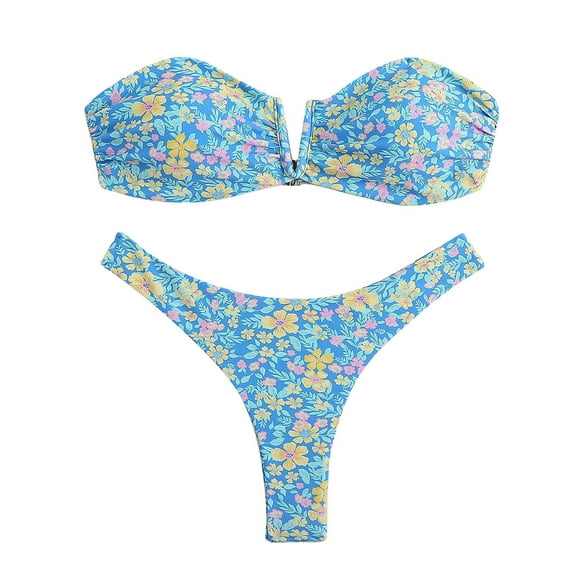 ZQGJB Women's 2 Piece Bandeau Swimsuit Vintaged Floral Print Summer Cut Out V Neck Bikini Set Strapless Bathing Suits(Blue,L)
