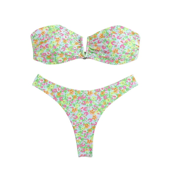 ZQGJB Women's 2 Piece Bandeau Swimsuit Vintaged Floral Print Summer Cut Out V Neck Bikini Set Strapless Bathing Suits(Green,L)