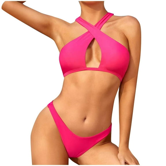 ZQGJB Women's 2 Piece Bathing Suit Sexy Criss Cross Cut Out Underwire Halter Swimsuits High Waist Bikini Set(Pink,M)
