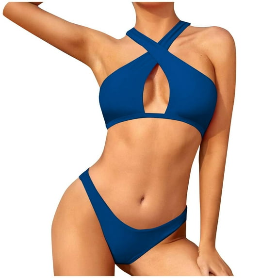 ZQGJB Women's 2 Piece Bathing Suit Sexy Criss Cross Cut Out Underwire Halter Swimsuits High Waist Bikini Set(Sky Blue,L)